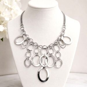 Silver Tone Oval Link Chunky Bib Statement Necklace